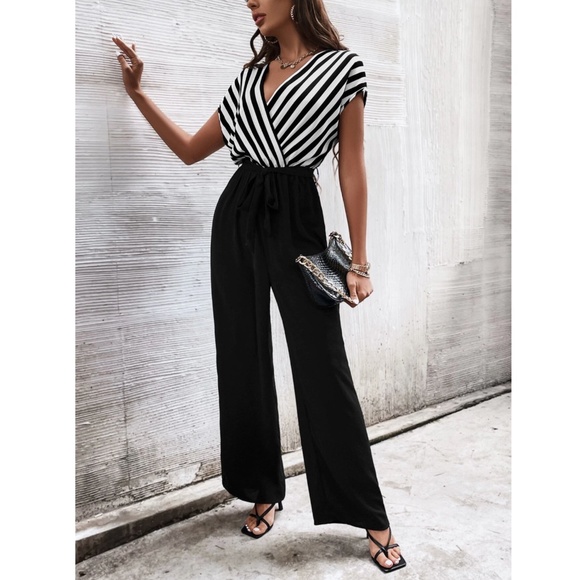 Rouge! Pants - Striped Top V-Neck Surplice Short Sleeve White Black Wide Leg Jumpsuit